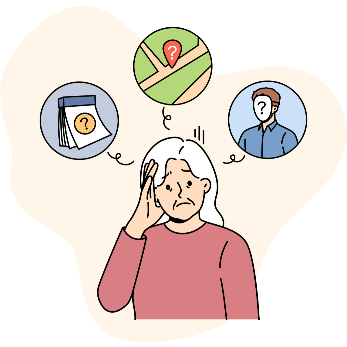 Confused elderly woman showing signs of dementia.