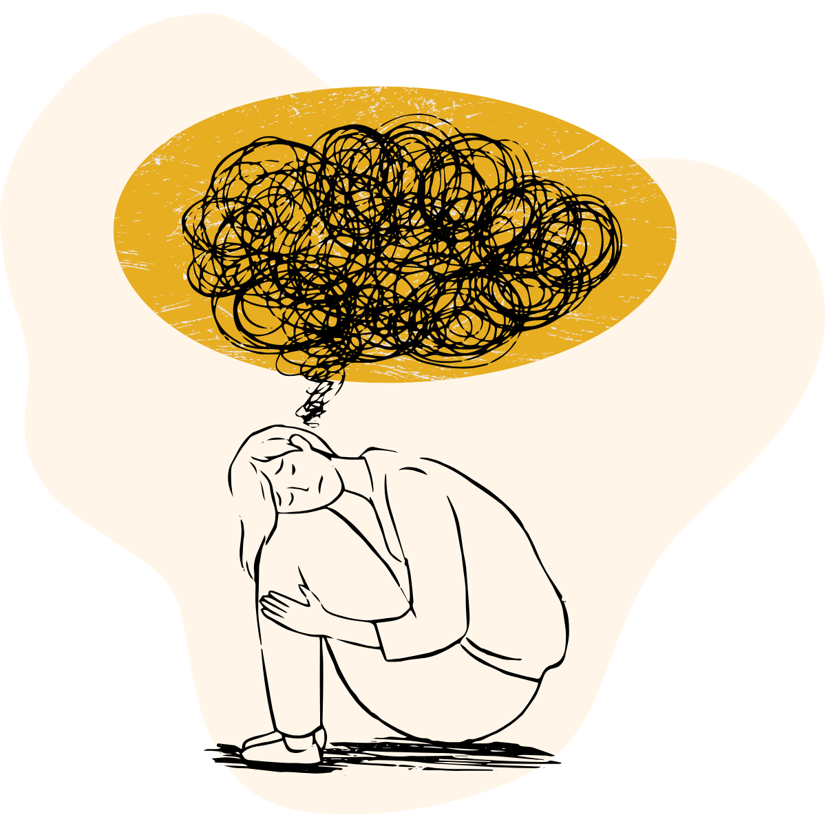 Illustration of a person sitting and overthinking with a tangled mess of lines above their head.