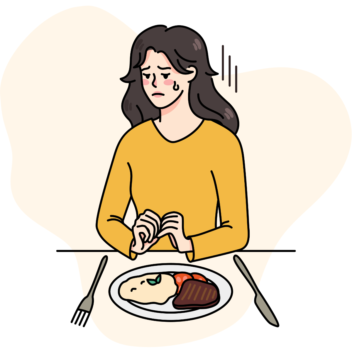 Unhappy young woman struggling with eating disorder at table.