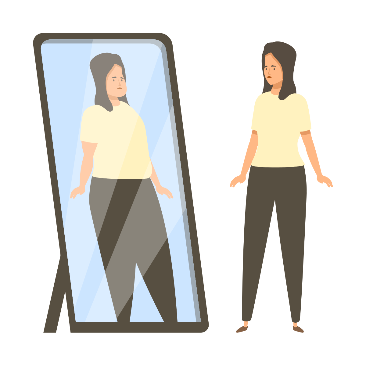 Slim woman sees overweight reflection in mirror.