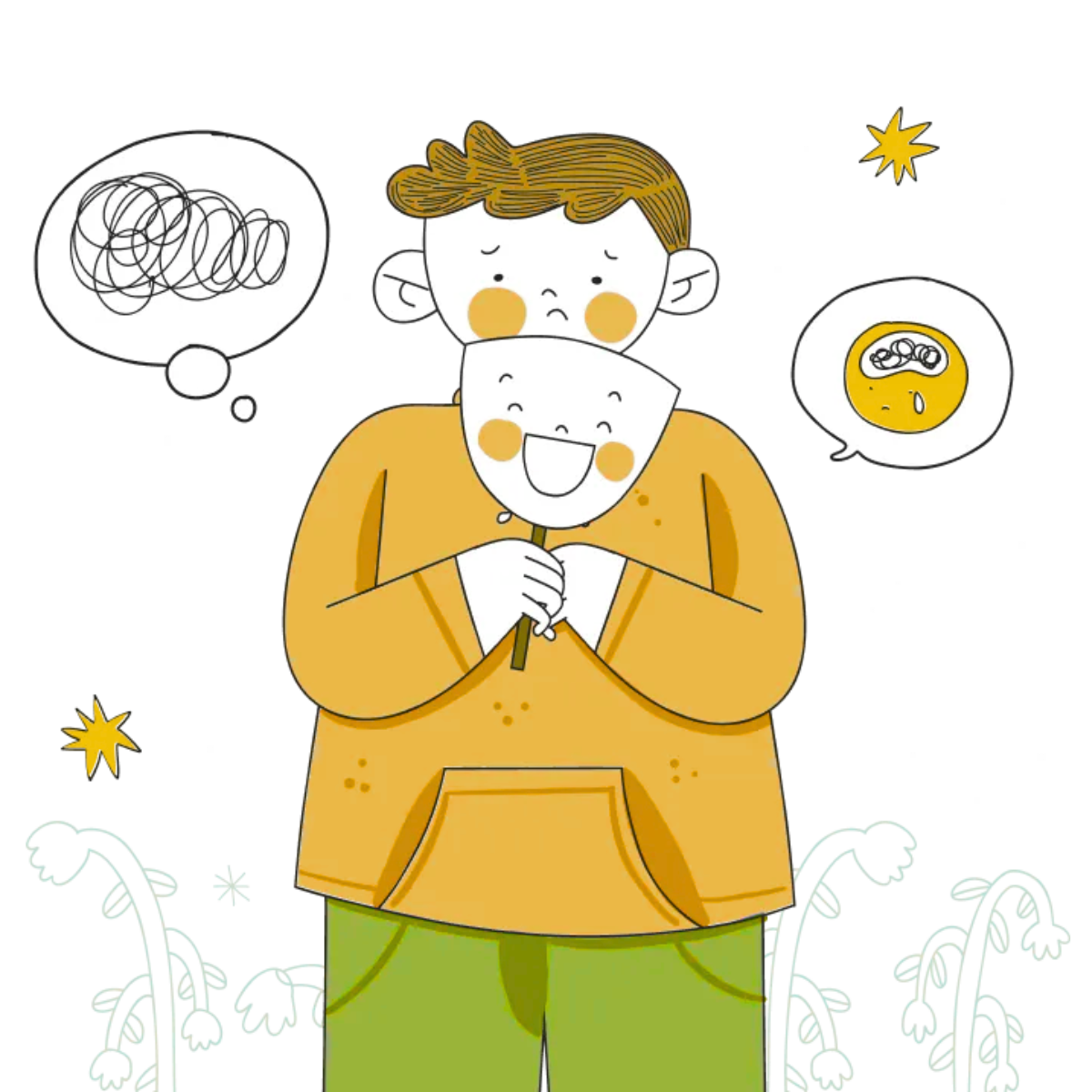 Illustration of a sad person holding a happy mask, hiding true feelings. 