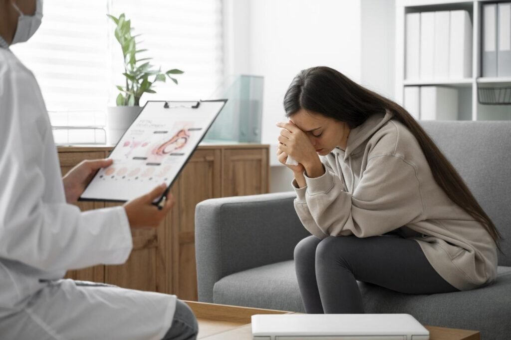 Depression treatment consultation patient discussing mental health with doctor reviewing report