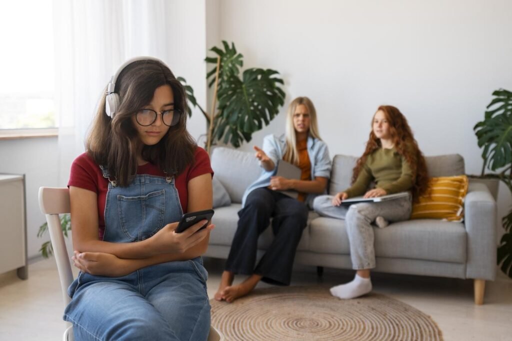 Teen girl using smartphone feeling isolated while parents discuss mental health concerns in background