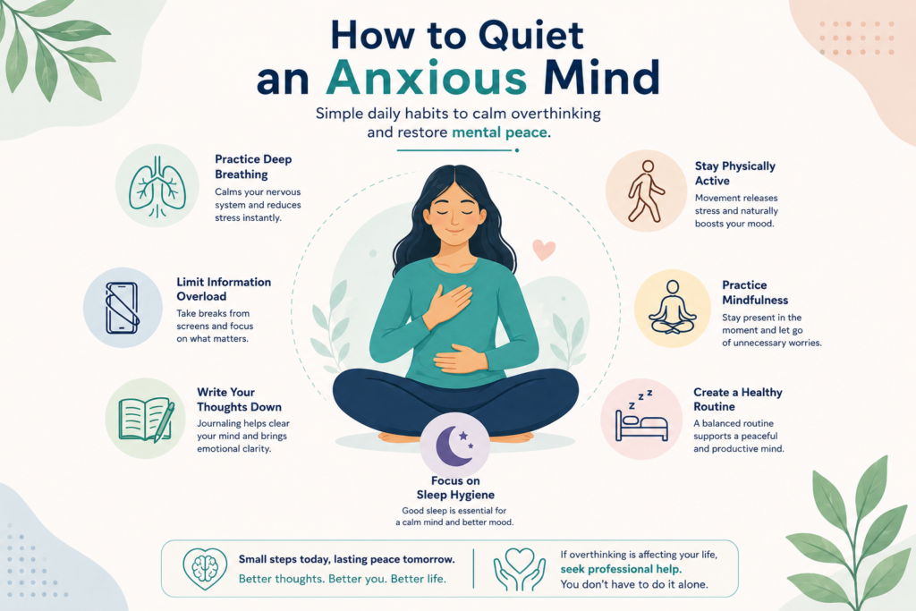Clean mental health infographic showing tips to calm an anxious mind